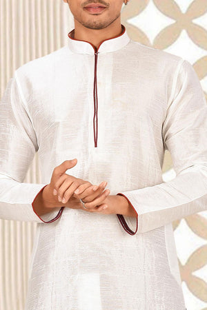 Mens White Solid Art Silk Dhoti Kurta Set (ACA9955)