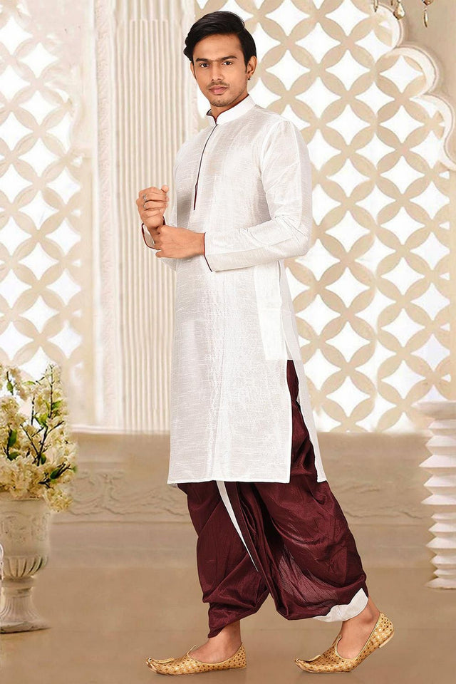 Mens White Solid Art Silk Dhoti Kurta Set (ACA9955)