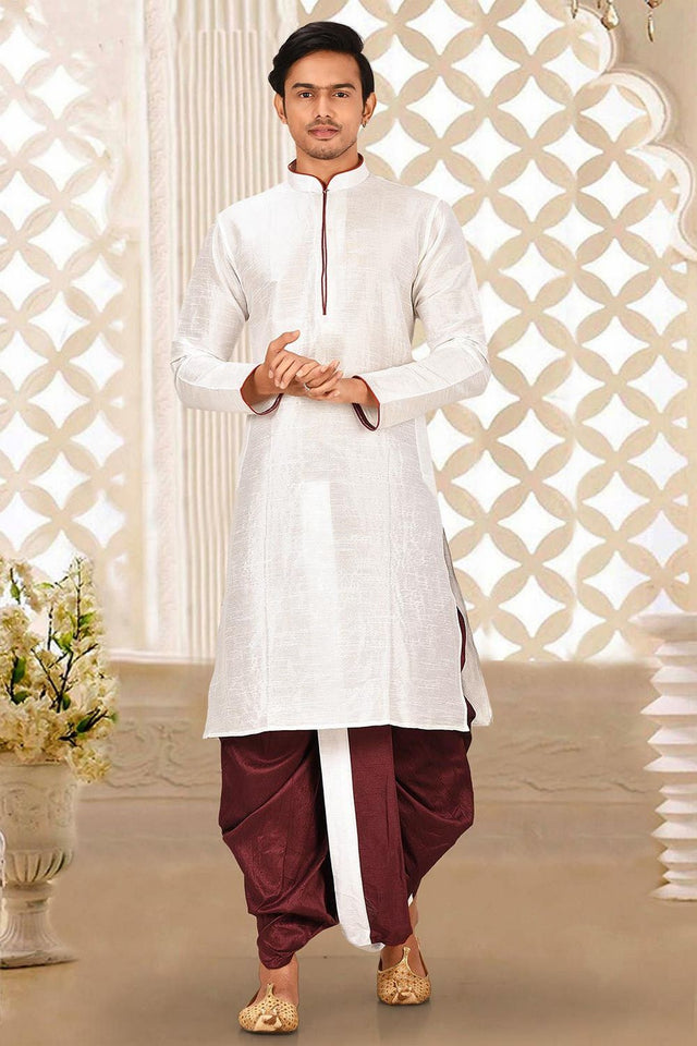 Mens White Solid Art Silk Dhoti Kurta Set (ACA9955)