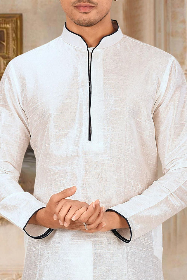 Mens White Solid Art Silk Dhoti Kurta Set (ACA9956)