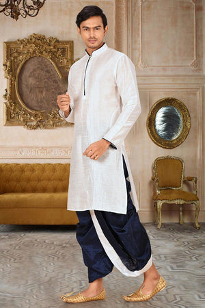 Mens White Solid Art Silk Dhoti Kurta Set (ACA9956)