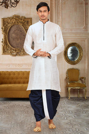 Mens White Solid Art Silk Dhoti Kurta Set (ACA9956)