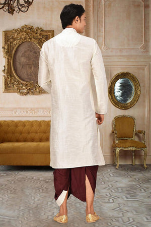 Mens Cream Solid Art Silk Dhoti Kurta Set (ACA9957)