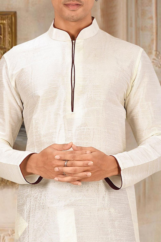 Mens Cream Solid Art Silk Dhoti Kurta Set (ACA9957)