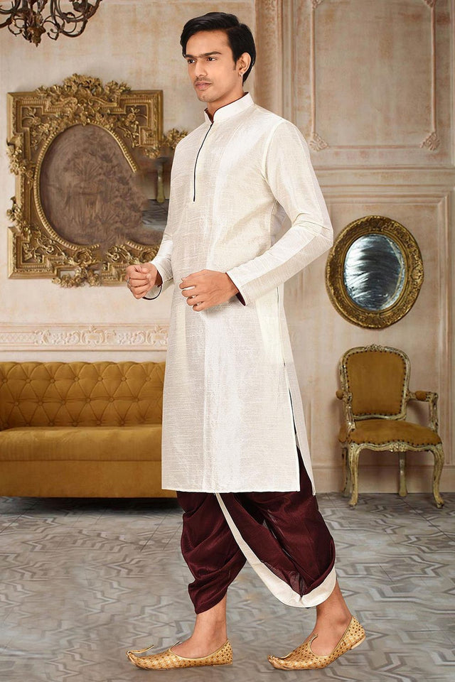 Mens Cream Solid Art Silk Dhoti Kurta Set (ACA9957)