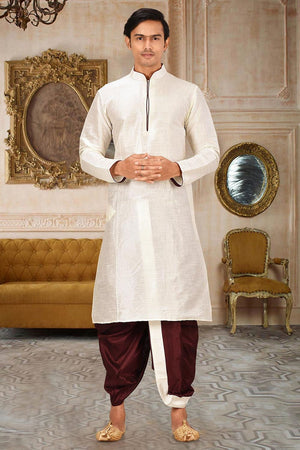 Mens Cream Solid Art Silk Dhoti Kurta Set (ACA9957)