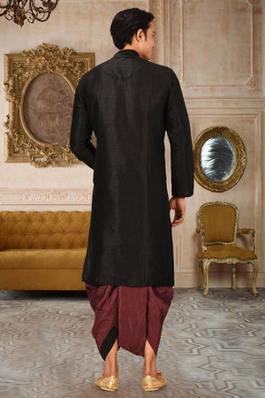 Mens Black Solid Art Silk Dhoti Kurta Set (ACA9958)