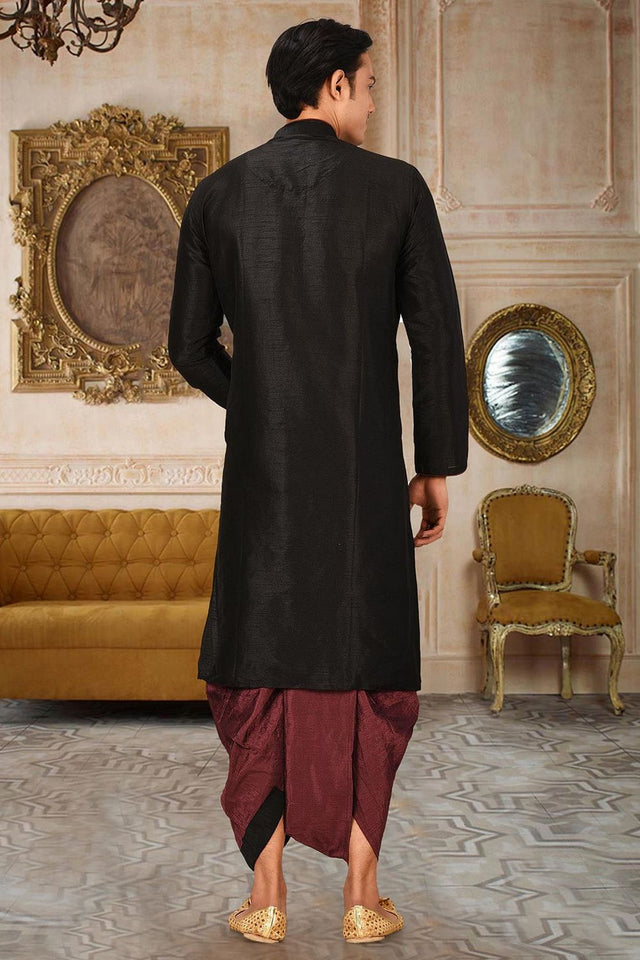 Mens Black Solid Art Silk Dhoti Kurta Set (ACA9958)