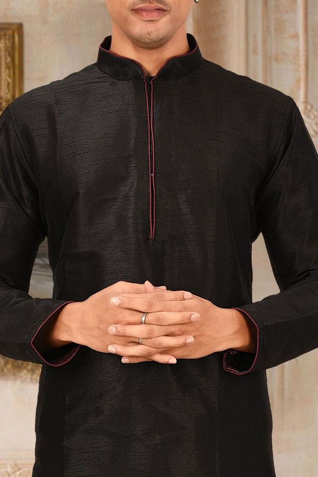 Mens Black Solid Art Silk Dhoti Kurta Set (ACA9958)