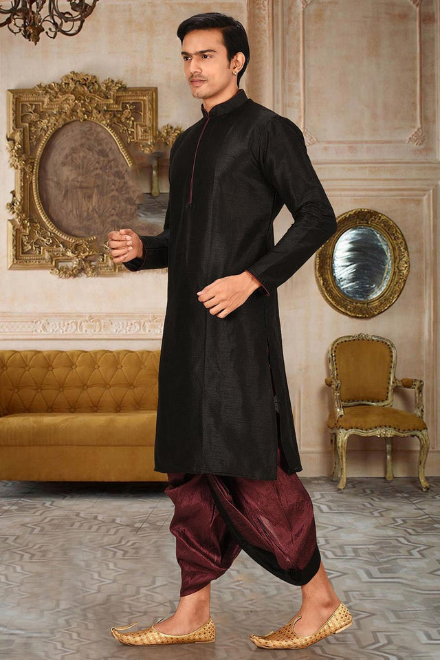 Mens Black Solid Art Silk Dhoti Kurta Set (ACA9958)