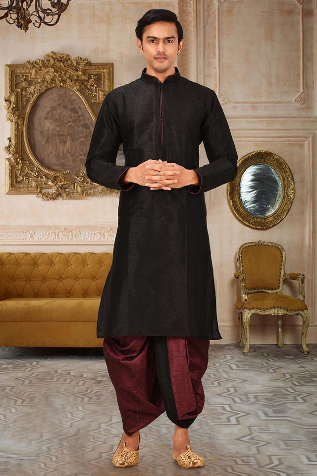 Mens Black Solid Art Silk Dhoti Kurta Set (ACA9958)