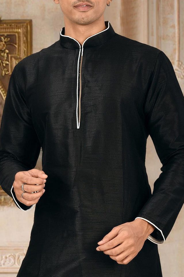Mens Black Solid Art Silk Dhoti Kurta Set (ACA9959)