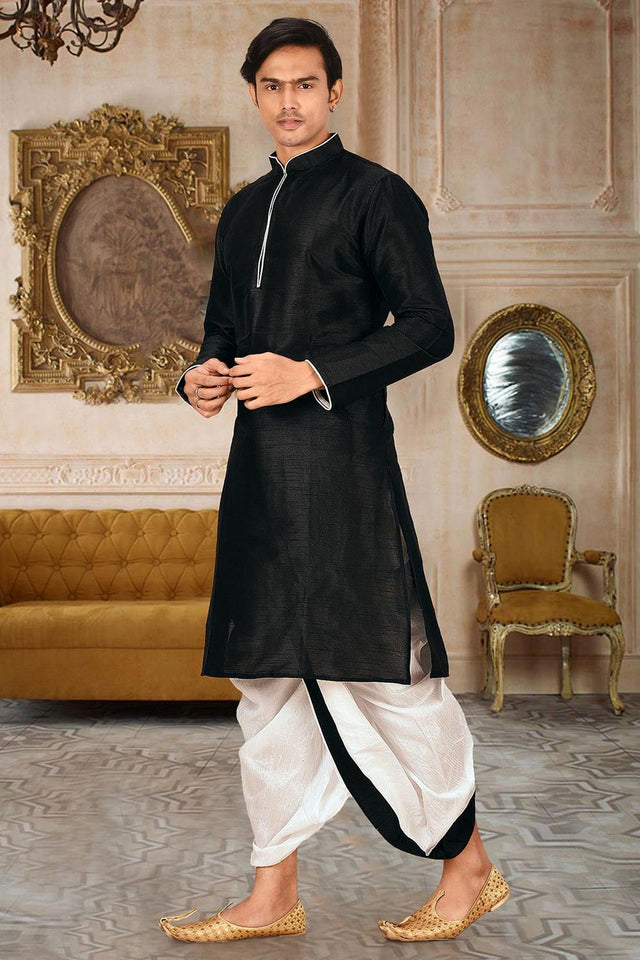 Mens Black Solid Art Silk Dhoti Kurta Set (ACA9959)