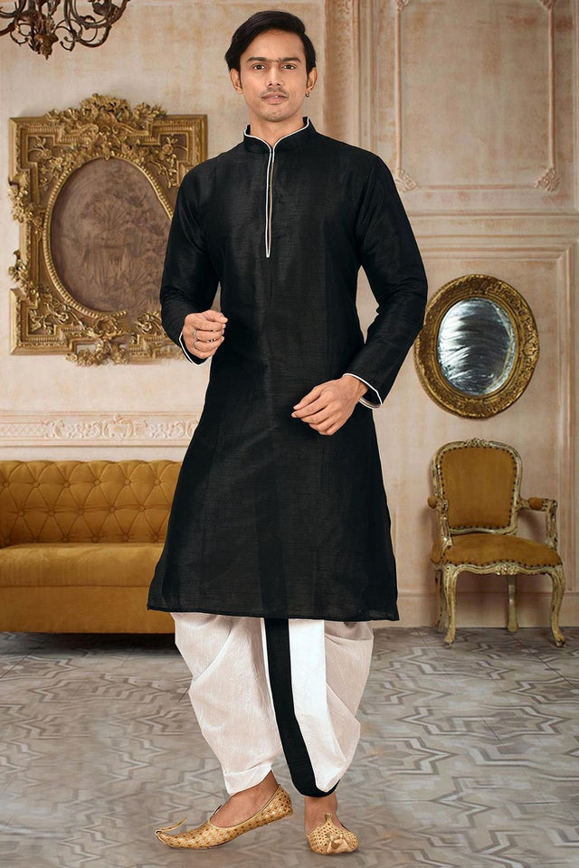 Mens Black Solid Art Silk Dhoti Kurta Set (ACA9959)