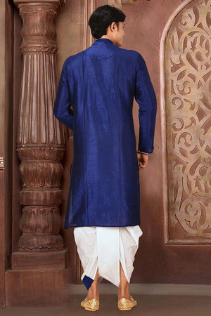 Mens Blue Solid Art Silk Dhoti Kurta Set (ACA9960)