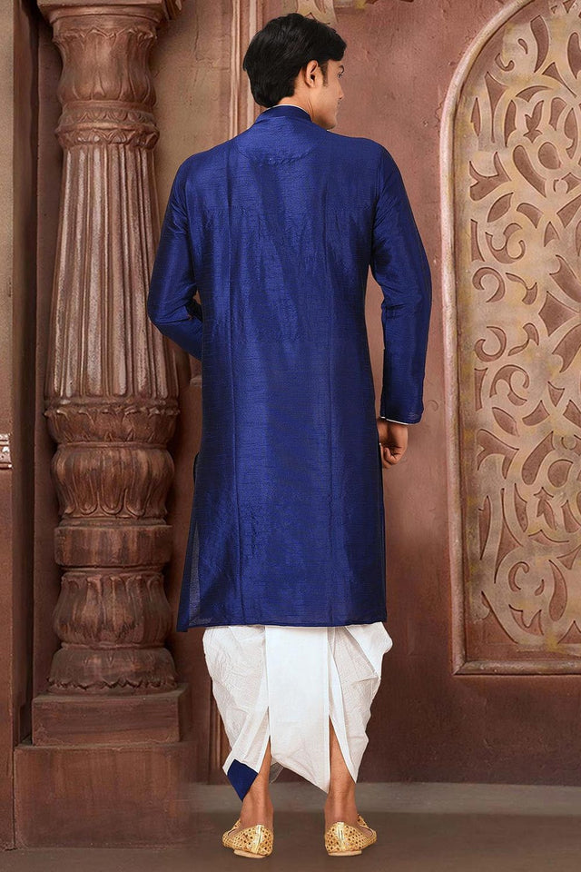 Mens Blue Solid Art Silk Dhoti Kurta Set (ACA9960)