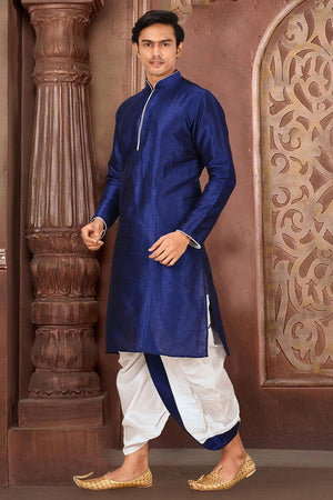 Mens Blue Solid Art Silk Dhoti Kurta Set (ACA9960)