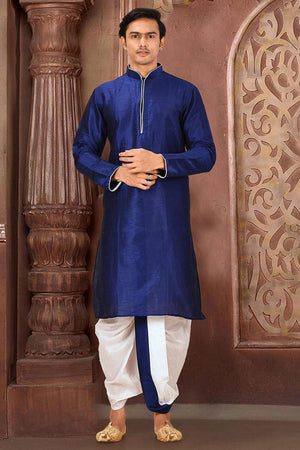 Mens Blue Solid Art Silk Dhoti Kurta Set (ACA9960)