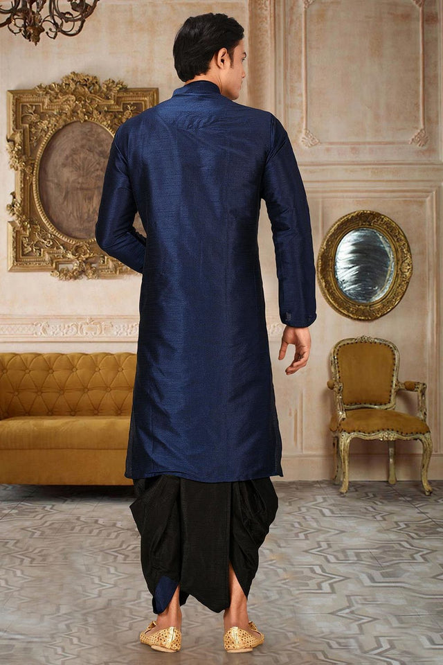 Mens Blue Solid Art Silk Dhoti Kurta Set (ACA9961)