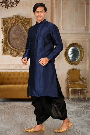 Mens Blue Solid Art Silk Dhoti Kurta Set (ACA9961)
