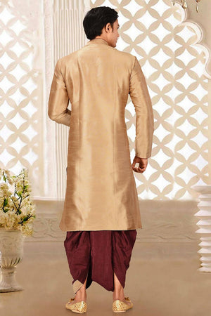 Mens Beige Solid Art Silk Dhoti Kurta Set (ACA9962)