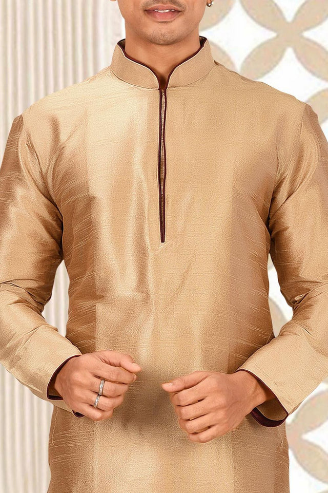 Mens Beige Solid Art Silk Dhoti Kurta Set (ACA9962)