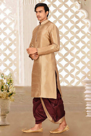 Mens Beige Solid Art Silk Dhoti Kurta Set (ACA9962)
