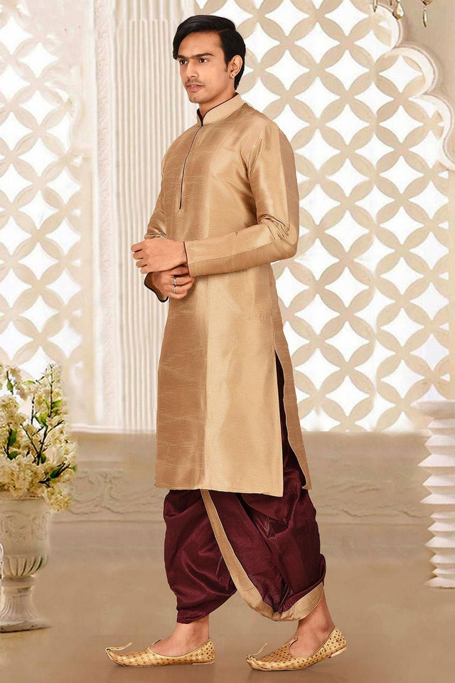 Mens Beige Solid Art Silk Dhoti Kurta Set (ACA9962)