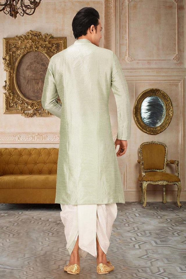Mens Green Solid Art Silk Dhoti Kurta Set (ACA9963)