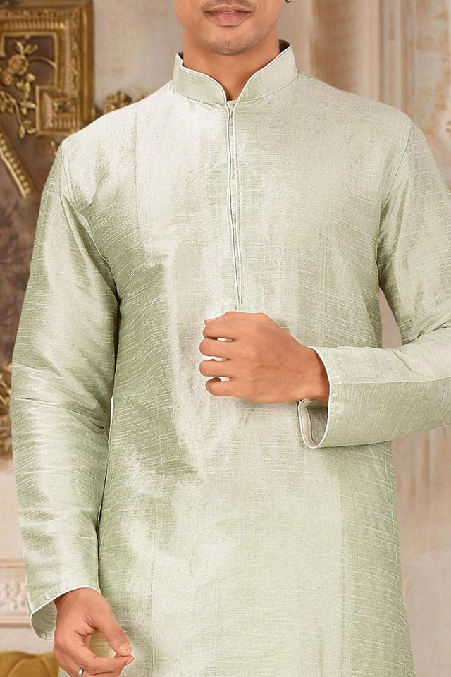 Mens Green Solid Art Silk Dhoti Kurta Set (ACA9963)