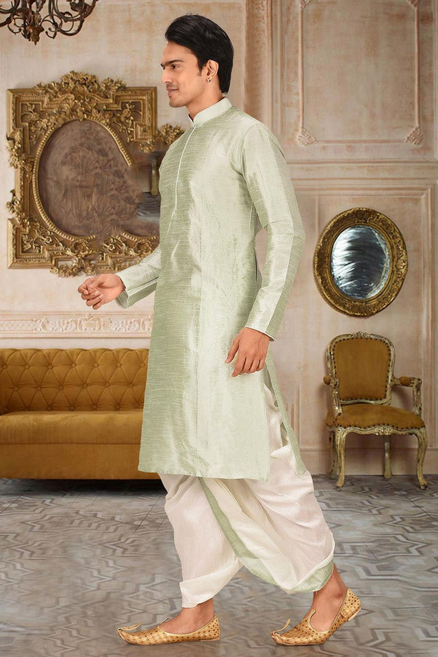 Mens Green Solid Art Silk Dhoti Kurta Set (ACA9963)