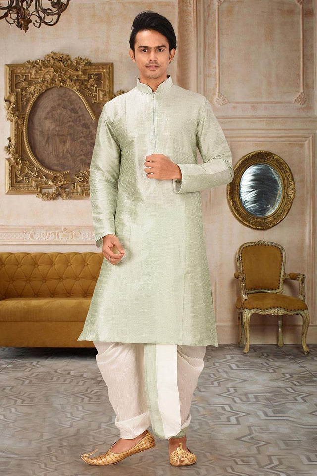Mens Green Solid Art Silk Dhoti Kurta Set (ACA9963)