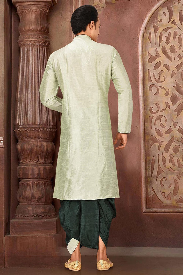 Mens Green Solid Art Silk Dhoti Kurta Set (ACA9964)