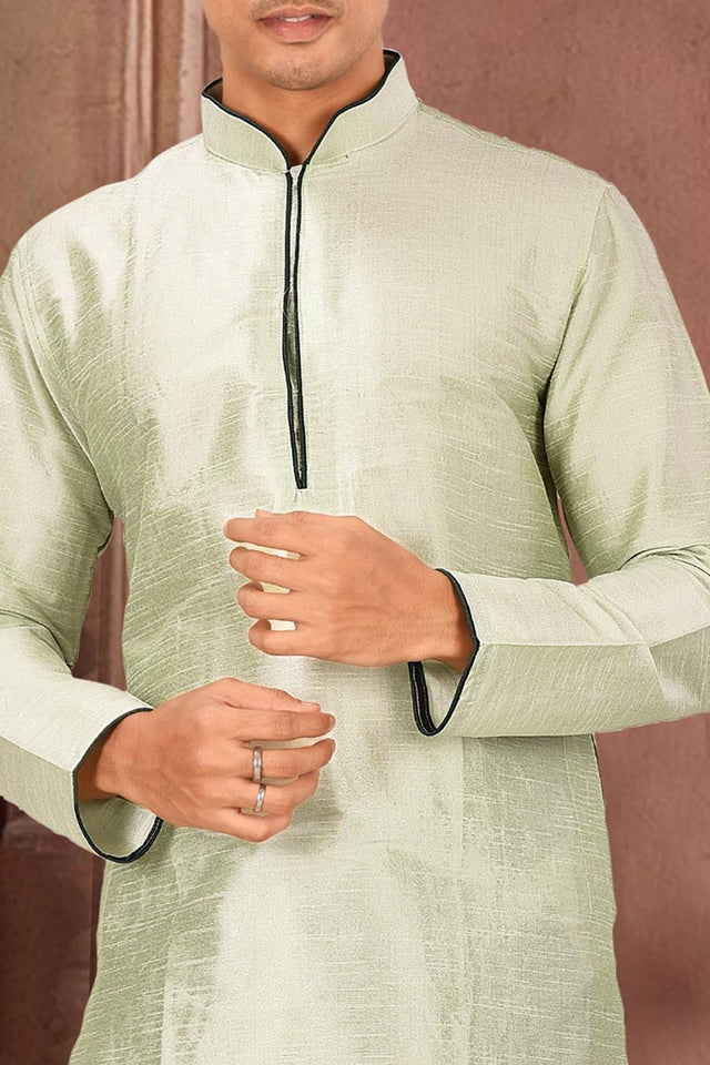Mens Green Solid Art Silk Dhoti Kurta Set (ACA9964)