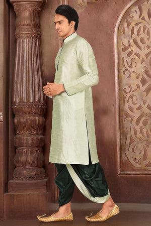 Mens Green Solid Art Silk Dhoti Kurta Set (ACA9964)