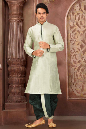 Mens Green Solid Art Silk Dhoti Kurta Set (ACA9964)