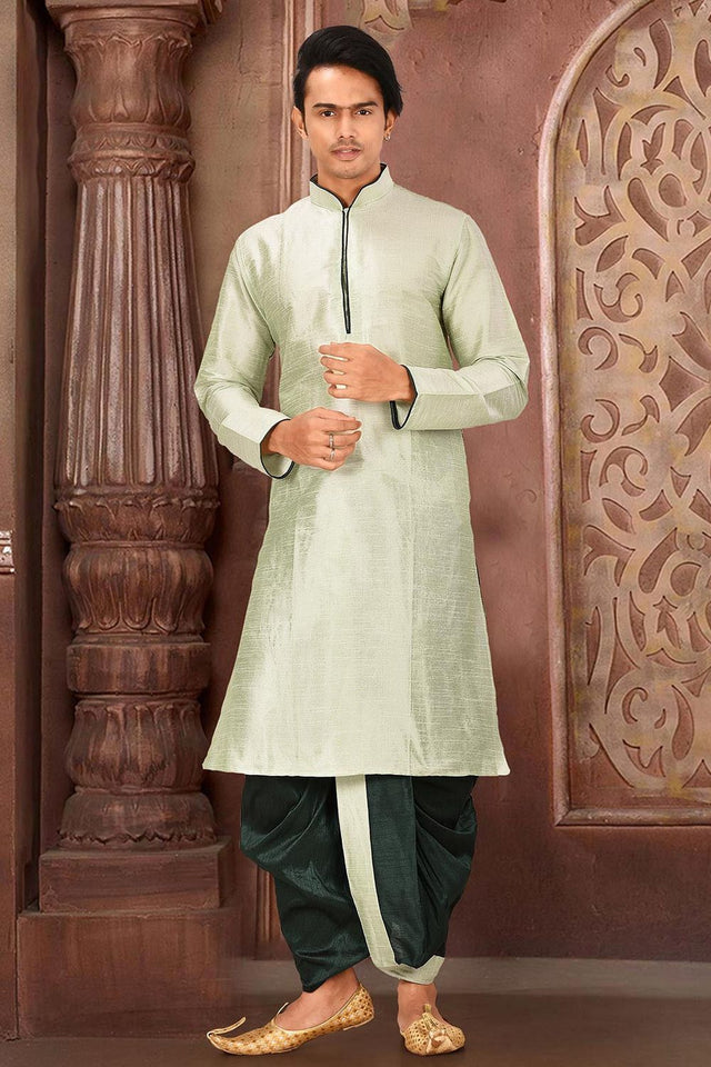 Mens Green Solid Art Silk Dhoti Kurta Set (ACA9964)