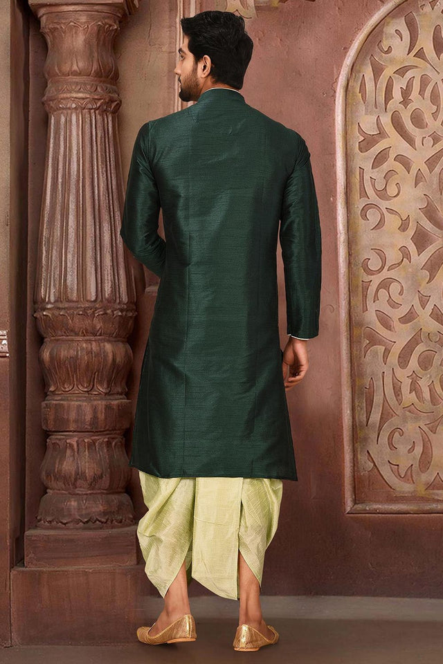 Mens Green Solid Art Silk Dhoti Kurta Set (ACA9965)