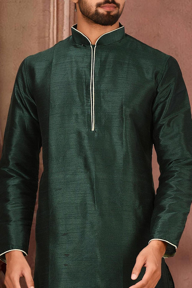 Mens Green Solid Art Silk Dhoti Kurta Set (ACA9965)