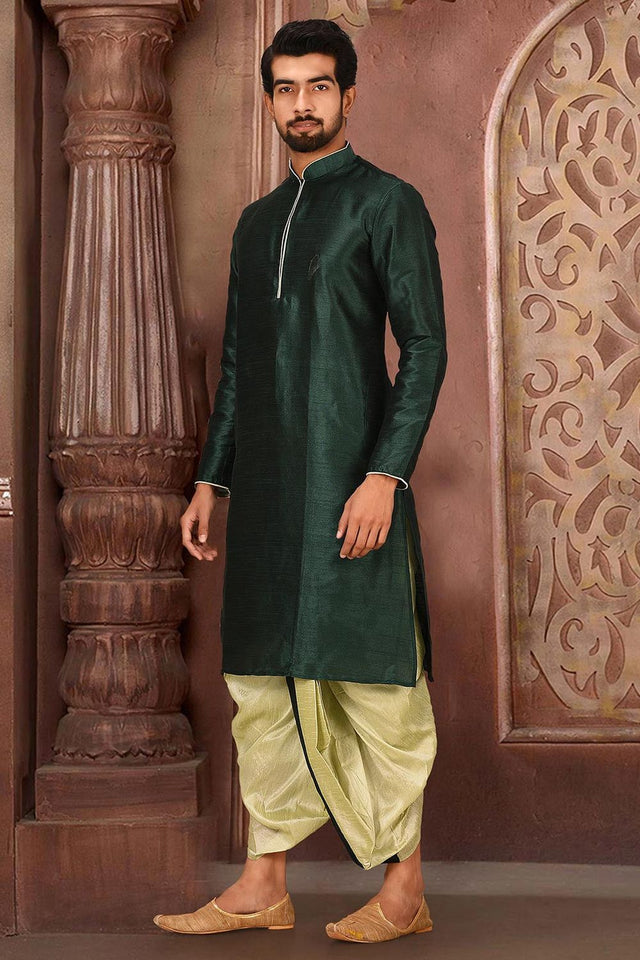 Mens Green Solid Art Silk Dhoti Kurta Set (ACA9965)