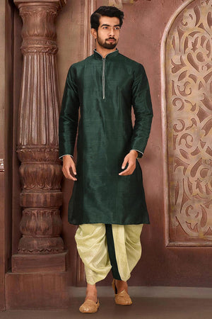 Mens Green Solid Art Silk Dhoti Kurta Set (ACA9965)