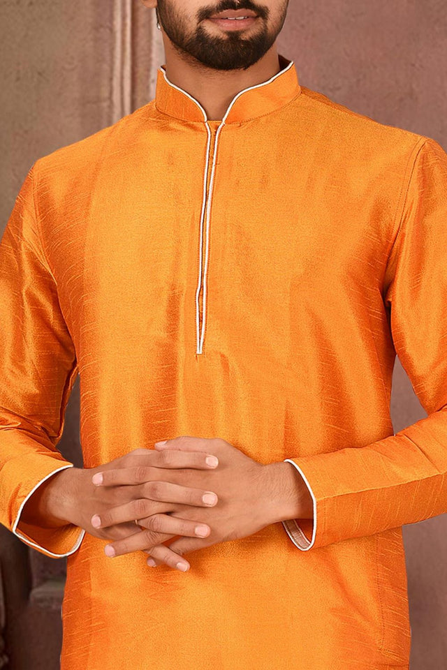 Mens Mustard Solid Art Silk Dhoti Kurta Set (ACA9966)