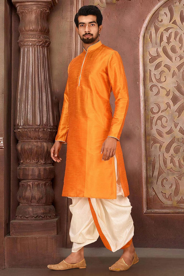 Mens Mustard Solid Art Silk Dhoti Kurta Set (ACA9966)