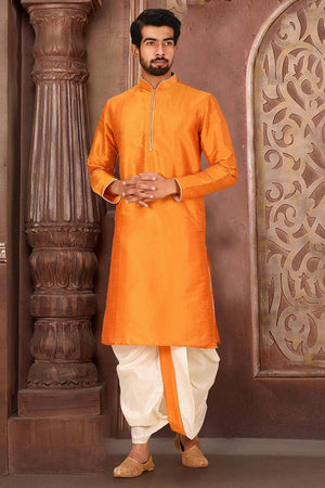 Mens Mustard Solid Art Silk Dhoti Kurta Set (ACA9966)