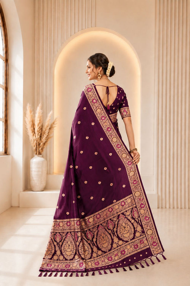 Wine Woven Banarasi Silk Saree (ACA9981)