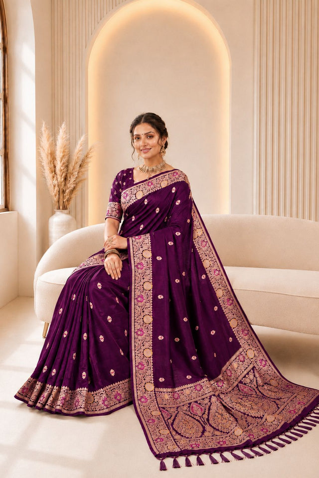 Wine Woven Banarasi Silk Saree (ACA9981)