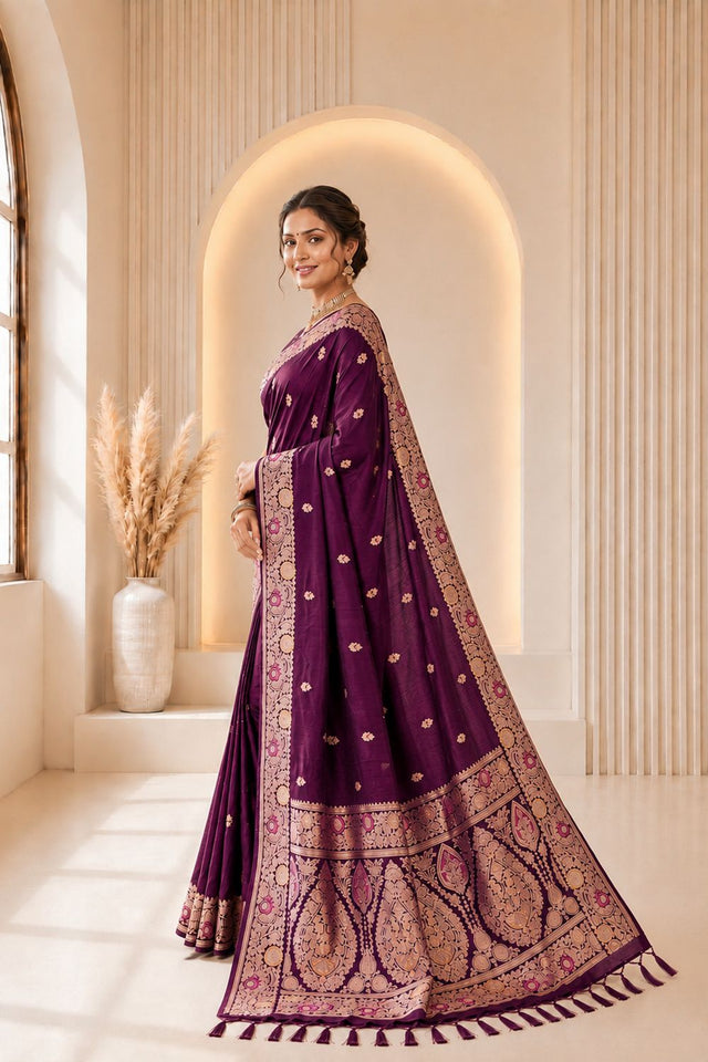Wine Woven Banarasi Silk Saree (ACA9981)