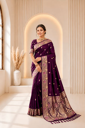 Wine Woven Banarasi Silk Saree (ACA9981)