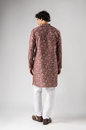 Mens Brown Floral Printed Silk Blend Kurta Set (ACA9982)