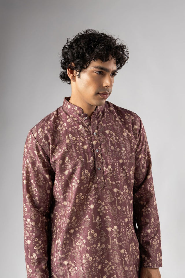 Mens Brown Floral Printed Silk Blend Kurta Set (ACA9982)